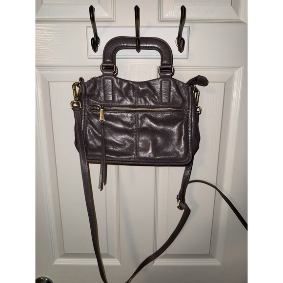 HOBO Purse Crossbody Bag Handbag Gray Leather Brushed Gold Top Handle Satchel - Picture 10 of 13